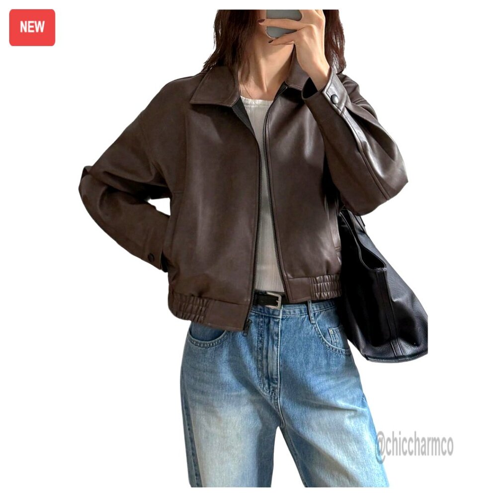 Faux Leather Zip-Up Jacket, Vintage Collar, Long Sleeve Motorcycle Style